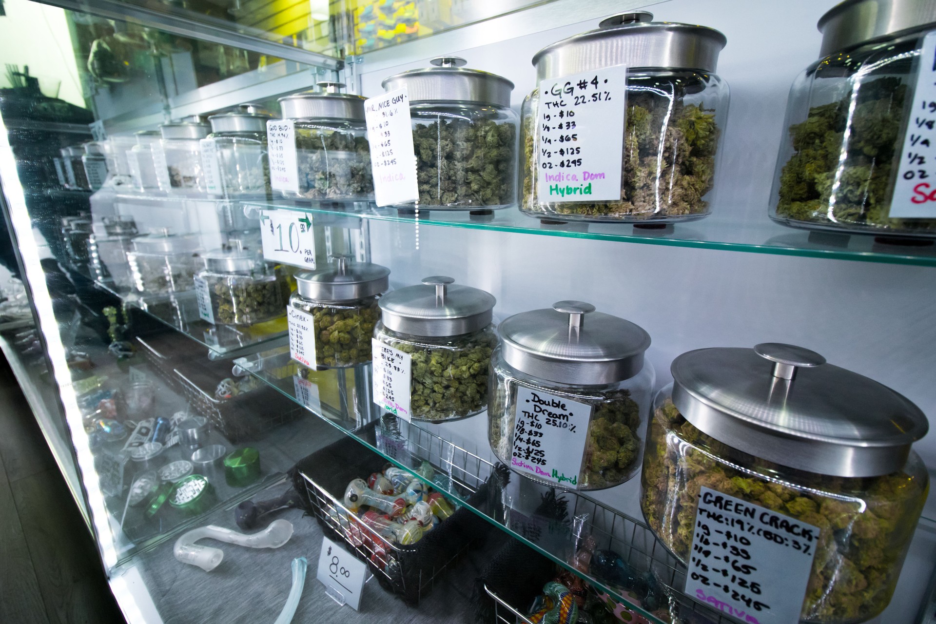 Selection of cannabis and legal medical recreational retail store